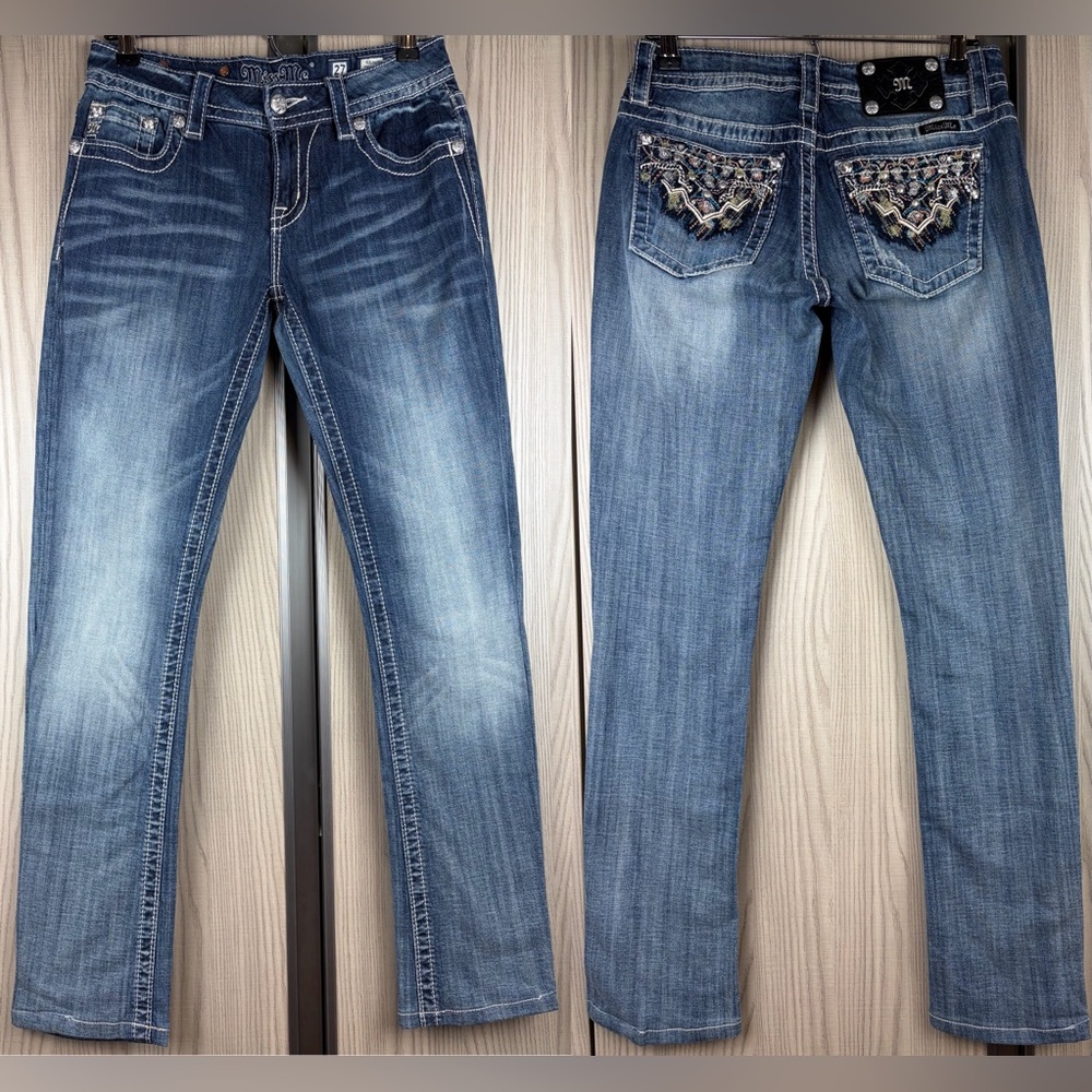 Miss Me Relaxed Boot Jeans ~in Medium Blue Wash w/Jewel & Stitches~ 27 (altered)